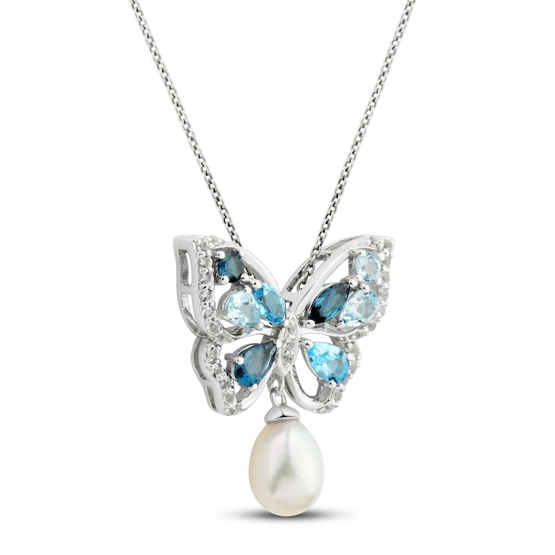 Main Image 2 of Freshwater Cultured Pearl & Topaz Butterfly Necklace Sterling Silver 18&quot;