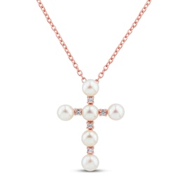 Freshwater Cultured Pearl & White Topaz Cross Necklace 10K Rose Gold 18"