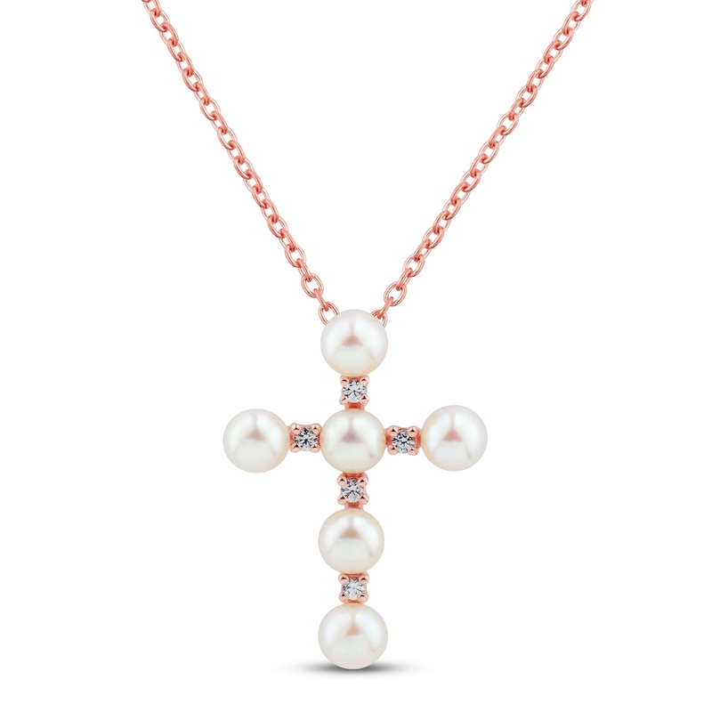 Freshwater Pearl & White Topaz Cross Necklace 10K Rose Gold 18"