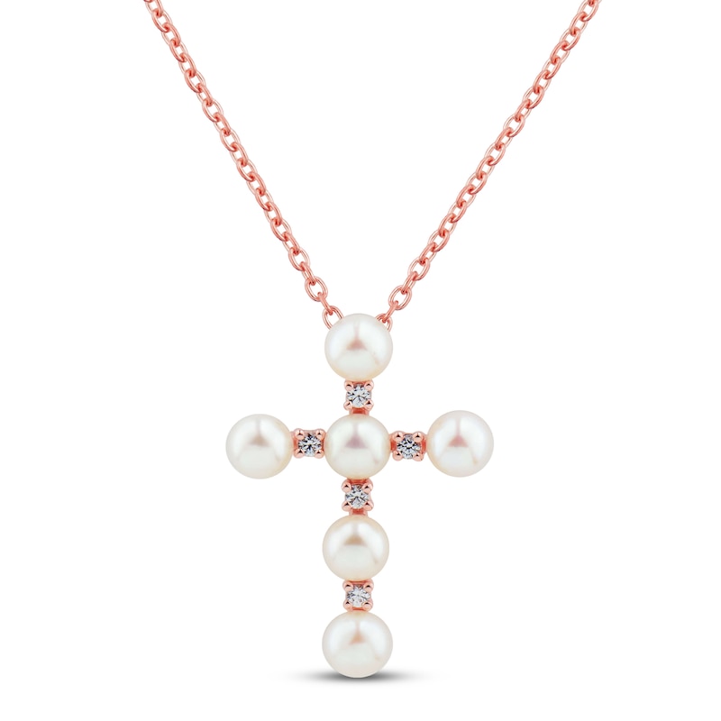 Main Image 1 of Freshwater Cultured Pearl & White Topaz Cross Necklace 10K Rose Gold 18&quot;