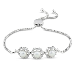 Freshwater Cultured Pearl & White Lab-Created Sapphire Bolo Bracelet Sterling Silver