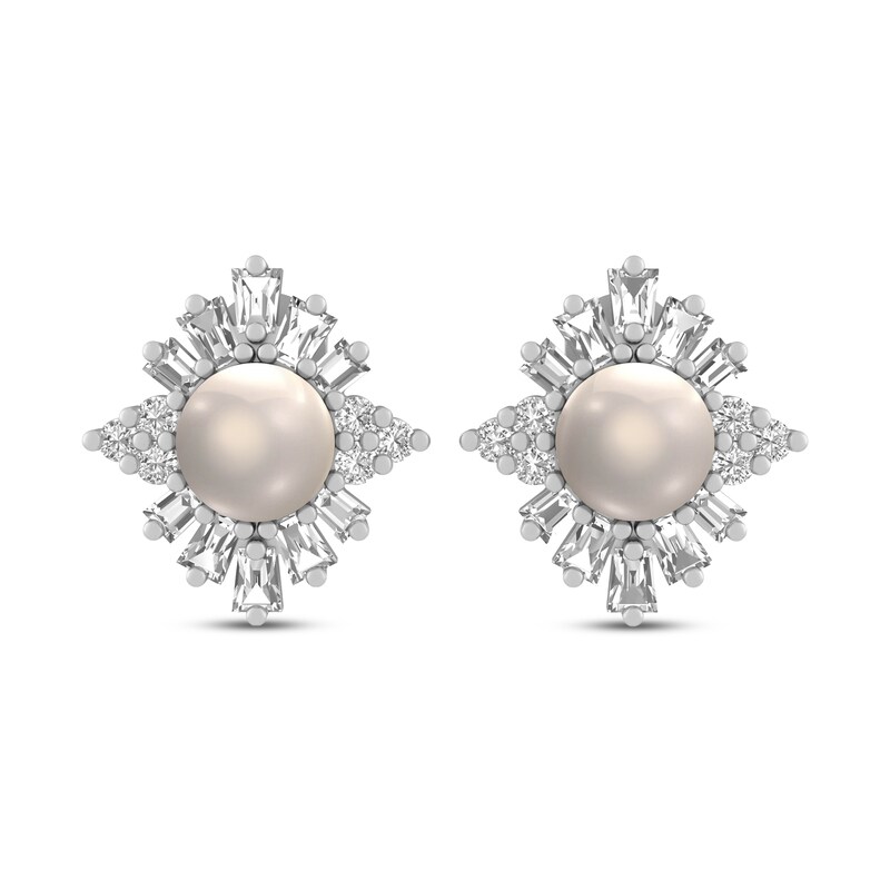 Main Image 1 of Cultured Pearl & White Lab-Created Sapphire Earrings Sterling Silver