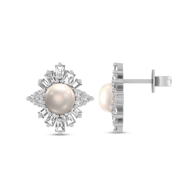 Main Image 2 of Cultured Pearl & White Lab-Created Sapphire Earrings Sterling Silver
