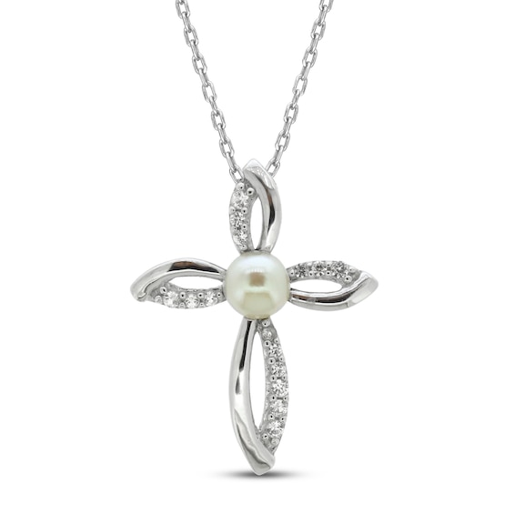 Cultured Pearl & White Lab-Created Sapphire Cross Necklace Sterling Silver 18"