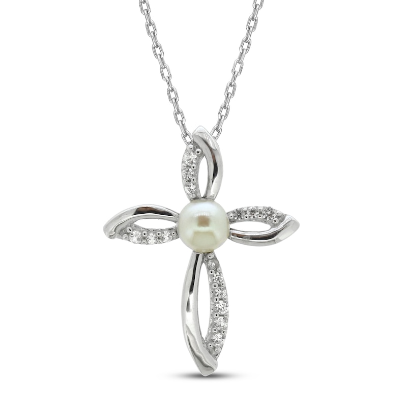 Cultured Pearl & White Lab-Created Sapphire Cross Necklace Sterling Silver 18"
