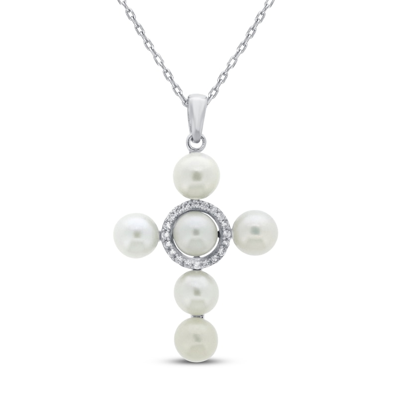 Main Image 1 of Cultured Pearl & White Lab-Created Sapphire Cross Necklace Sterling Silver 18&quot;