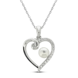 Cultured Pearl & White Lab-Created Sapphire Heart Necklace Sterling ...