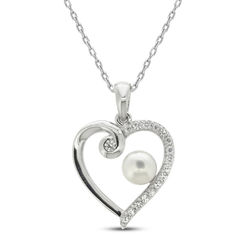 Main Image 1 of Cultured Pearl & White Lab-Created Sapphire Heart Necklace Sterling Silver 18&quot;