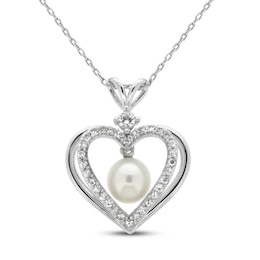 Cultured Pearl & White Lab-Created Sapphire Heart Necklace Sterling Silver 18"