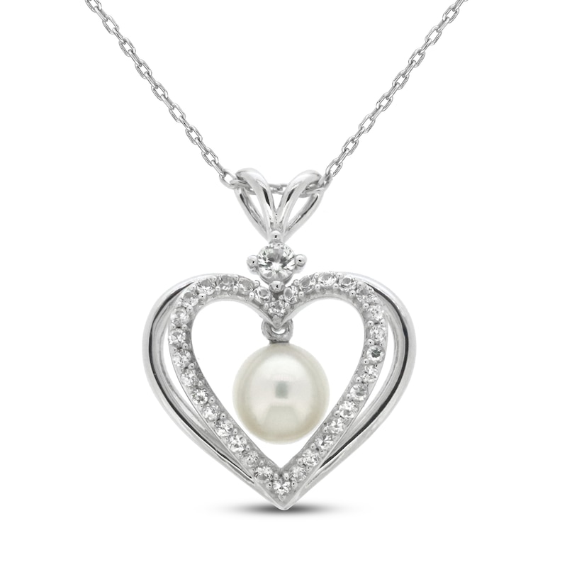 Main Image 1 of Cultured Pearl & White Lab-Created Sapphire Heart Necklace Sterling Silver 18&quot;