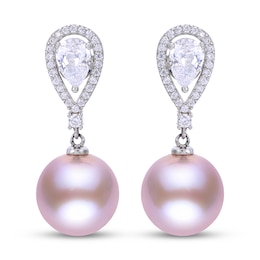 Pink Cultured Pearl & White Topaz Dangle Earrings Sterling Silver