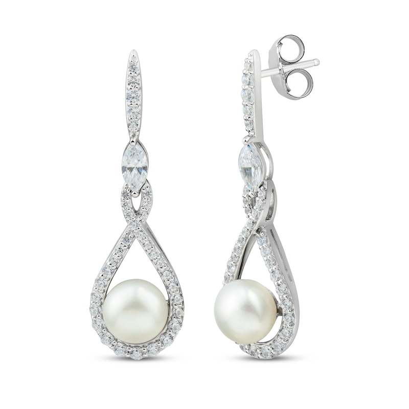 Main Image 1 of Cultured Pearl & White Lab-Created Sapphire Drop Earrings Sterling Silver