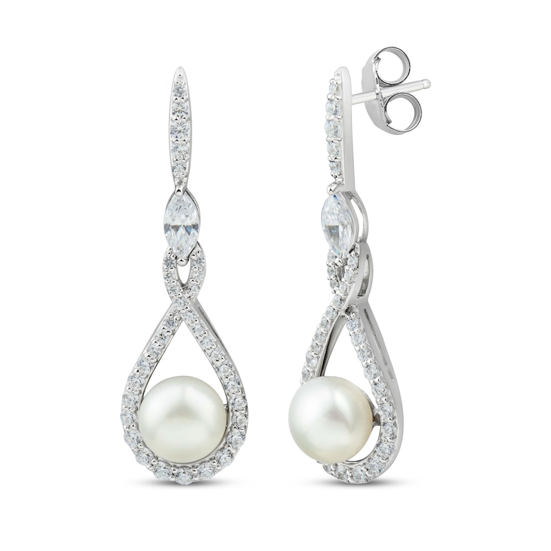 Cultured Pearl & White Lab-Created Sapphire Drop Earrings Sterling Silver