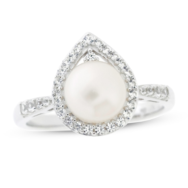 Main Image 1 of Cultured Pearl & White Lab-Created Sapphire Ring Sterling Silver