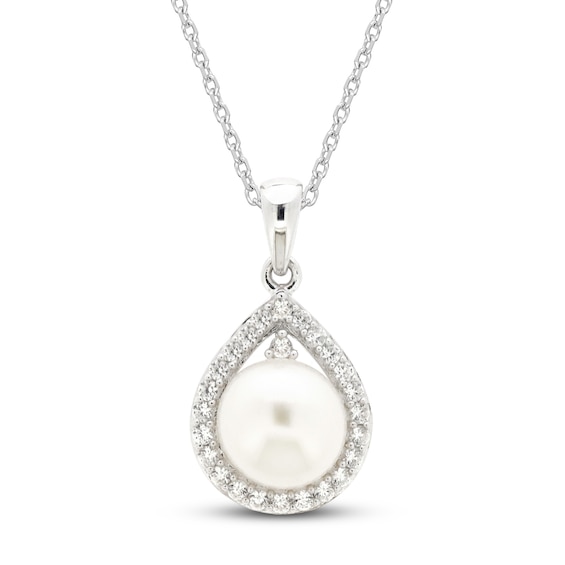 Cultured Pearl & White Lab-Created Sapphire Necklace Sterling Silver 18"