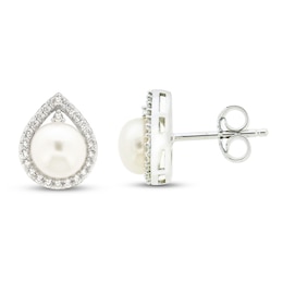 Cultured Pearl & White Lab-Created Sapphire Earrings Sterling Silver