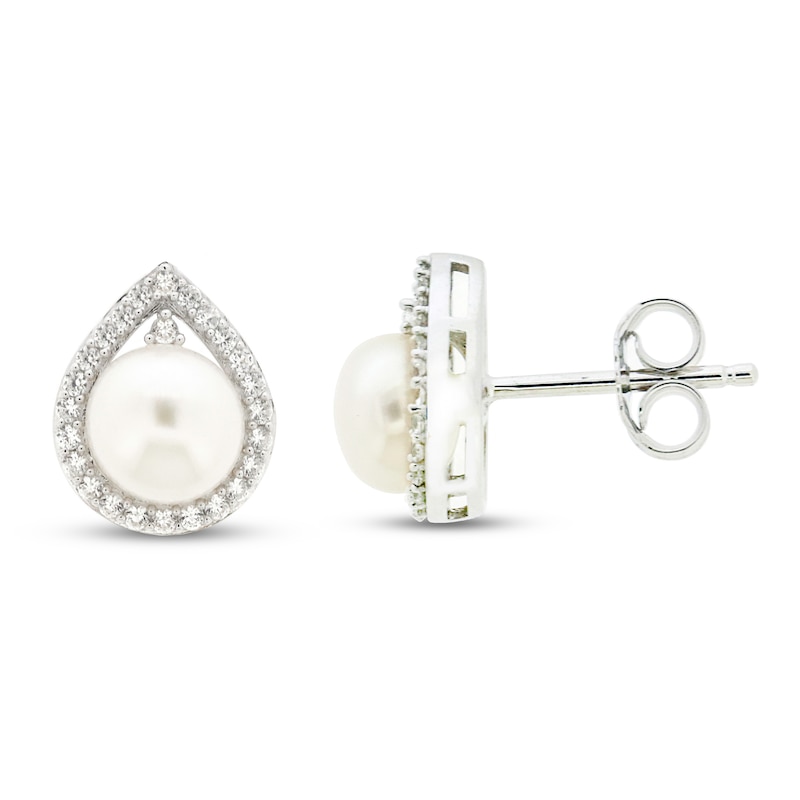 Main Image 1 of Cultured Pearl & White Lab-Created Sapphire Earrings Sterling Silver