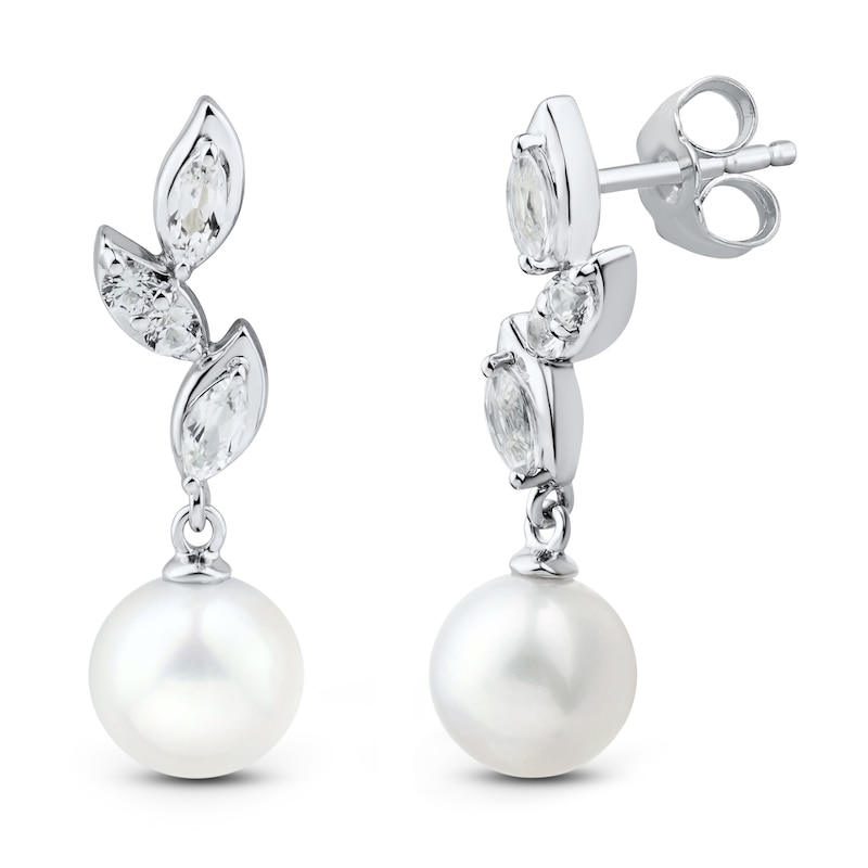 Main Image 1 of Cultured Pearl & White Lab-Created Sapphire Leaf Earrings Sterling Silver