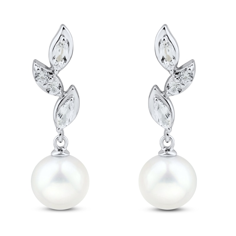 Main Image 2 of Cultured Pearl & White Lab-Created Sapphire Leaf Earrings Sterling Silver