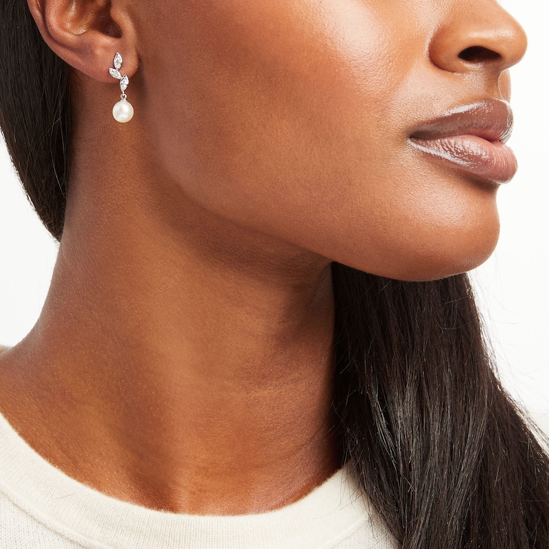 Main Image 3 of Cultured Pearl & White Lab-Created Sapphire Leaf Earrings Sterling Silver