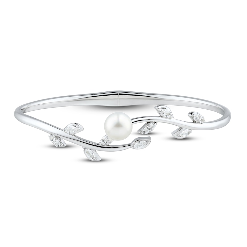 Main Image 1 of Cultured Pearl & White Lab-Created Sapphire Leaf Bangle Sterling Silver