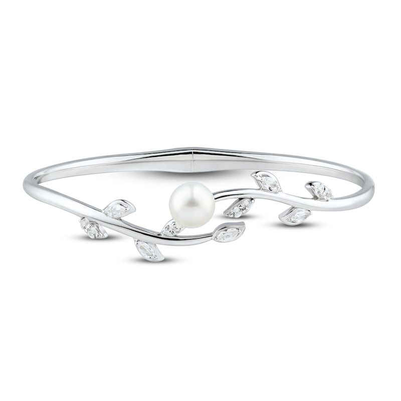 Cultured Pearl & White Lab-Created Sapphire Leaf Bangle Sterling Silver