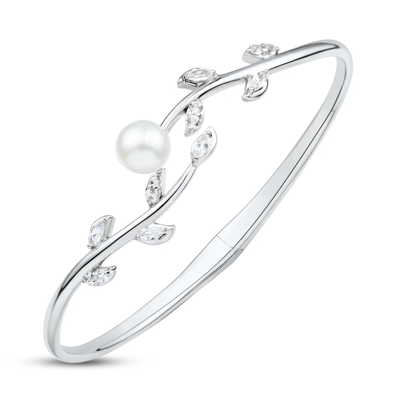 Cultured Pearl & White Lab-Created Sapphire Leaf Bangle Sterling Silver