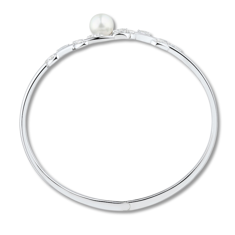 Cultured Pearl & White Lab-Created Sapphire Leaf Bangle Sterling Silver