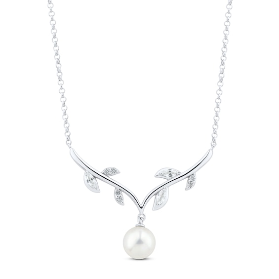Cultured Pearl & White Lab-Created Sapphire Vine Necklace Sterling Silver 18"