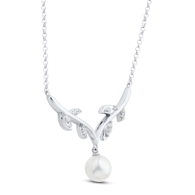 Main Image 2 of Cultured Pearl & White Lab-Created Sapphire Vine Necklace Sterling Silver 18&quot;