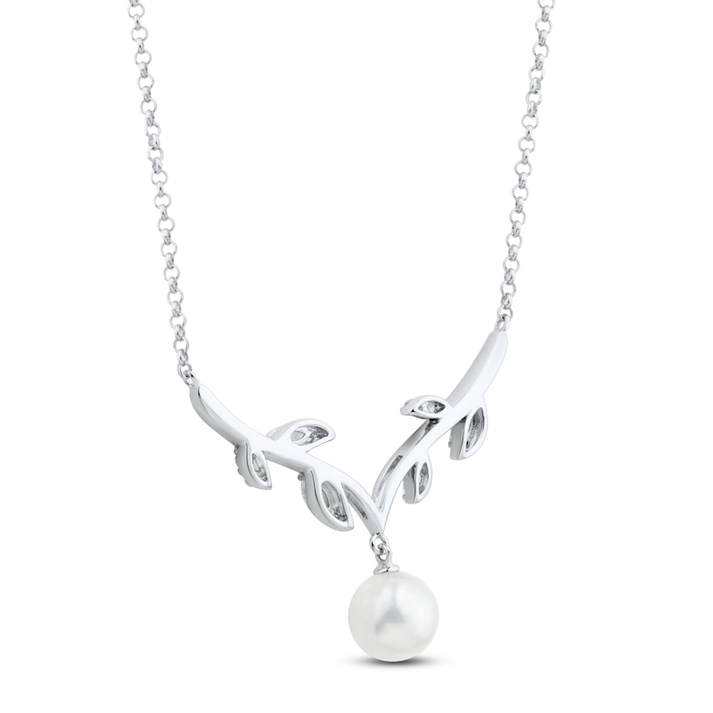 Cultured Pearl & White Lab-Created Sapphire Vine Necklace Sterling Silver  18\