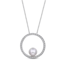 Cultured Pearl & White Lab-Created Sapphire Circle Necklace Sterling Silver 18&quot;