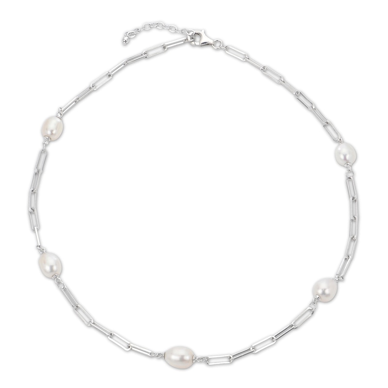 Main Image 1 of Cultured Pearl Paperclip Necklace Sterling Silver 18&quot;