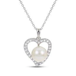 Cultured Pearl & White Lab-Created Sapphire Heart Necklace Sterling Silver 18"