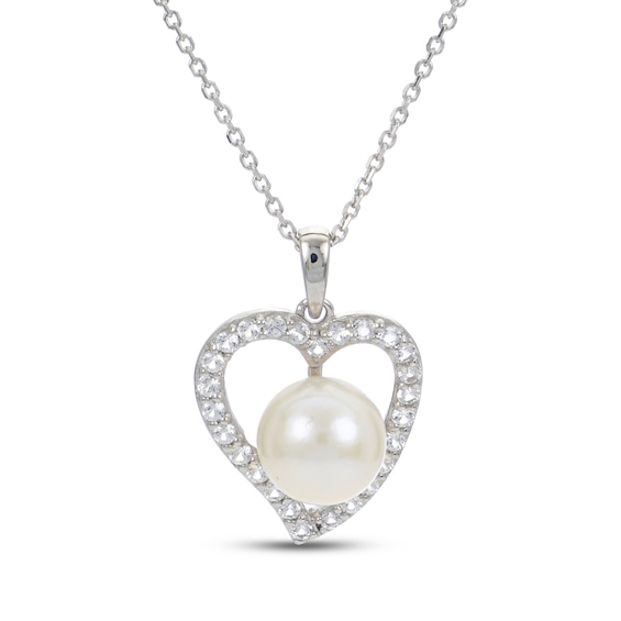 Cultured Pearl & White Lab-Created Sapphire Heart Necklace Sterling Silver 18"