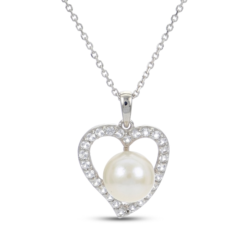 Main Image 1 of Cultured Pearl & White Lab-Created Sapphire Heart Necklace Sterling Silver 18"