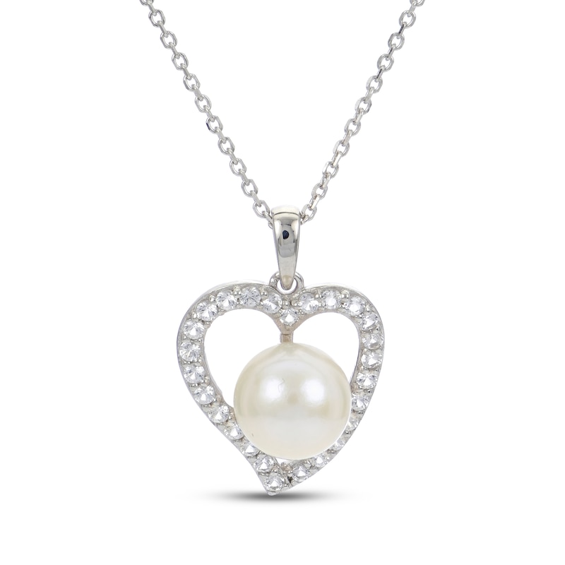 Cultured Pearl & White Lab-Created Sapphire Heart Necklace Sterling ...