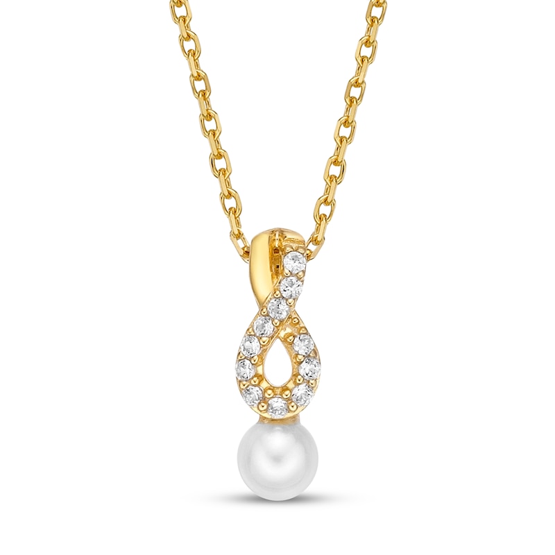 Main Image 1 of Cultured Pearl & White Lab-Created Sapphire Necklace 10K Yellow Gold 18&quot;