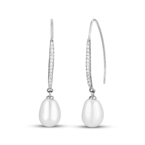 Cultured Pearl & White Lab-Created Sapphire Drop Earrings Oval/Round-Cut Sterling Silver