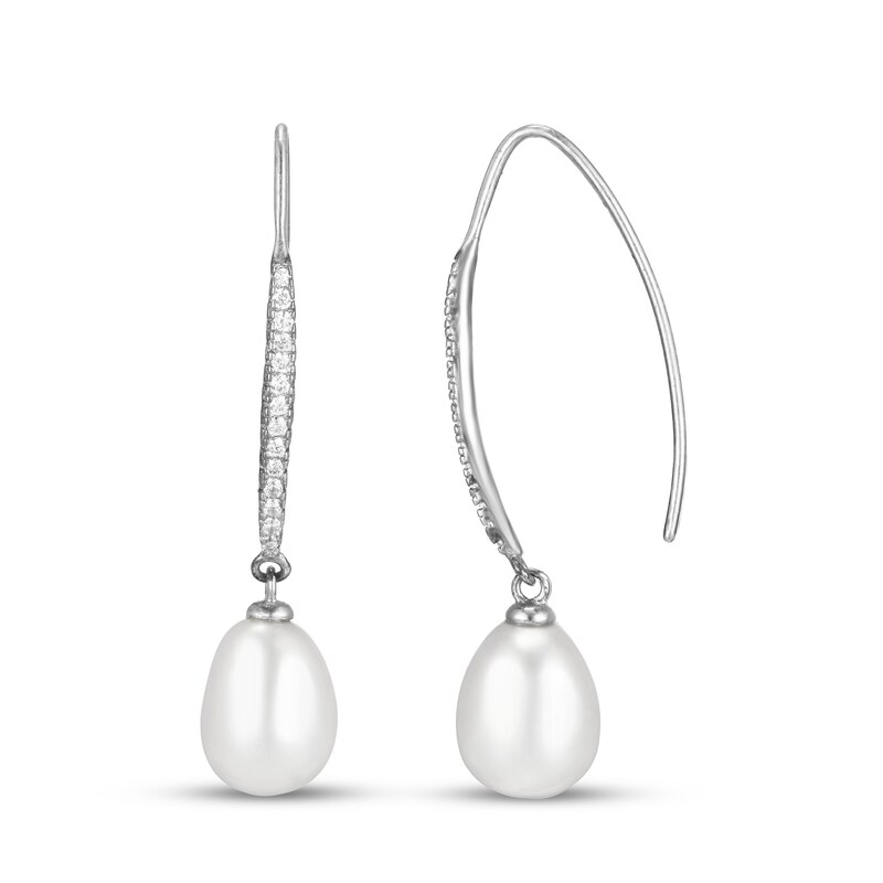 Main Image 2 of Cultured Pearl & White Lab-Created Sapphire Drop Earrings Oval/Round-Cut Sterling Silver