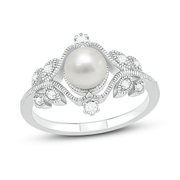 Cultured Pearl & White Lab-Created Sapphire Ring Sterling Silver