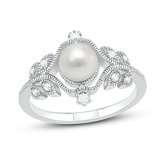 Cultured Pearl & White Lab-Created Sapphire Ring Sterling Silver