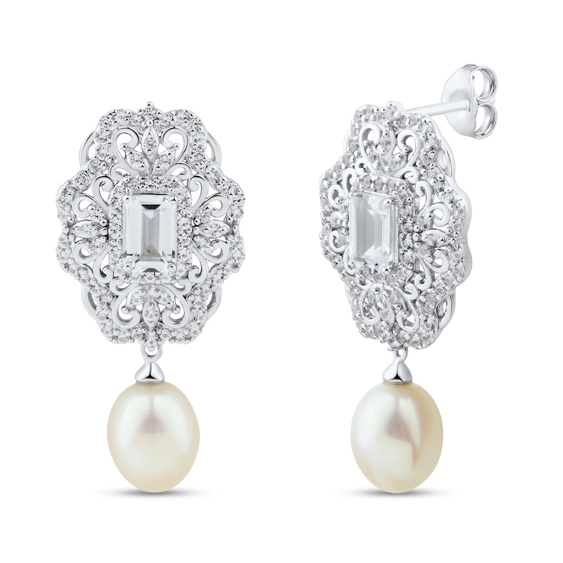 Main Image 1 of Cultured Pearl & White Lab-Created Sapphire Drop Earrings Sterling Silver