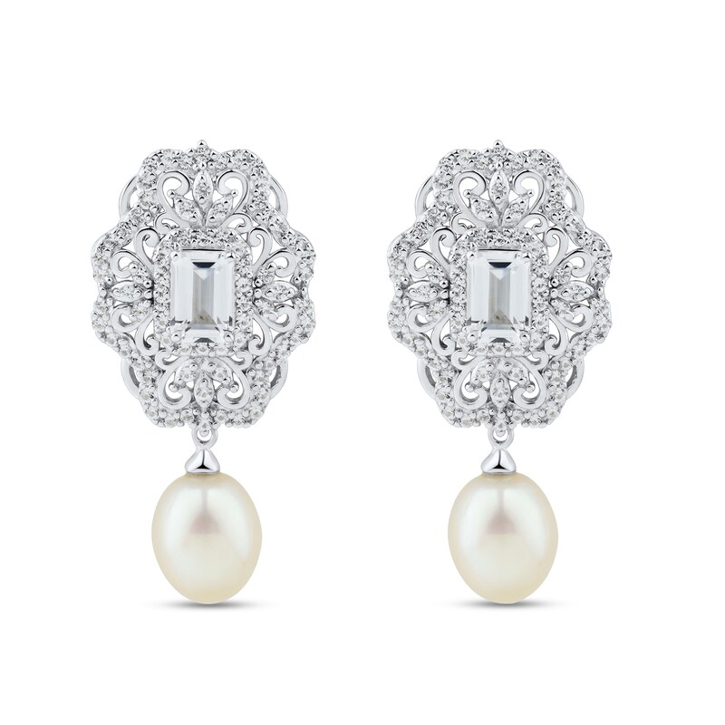 Main Image 3 of Cultured Pearl & White Lab-Created Sapphire Drop Earrings Sterling Silver