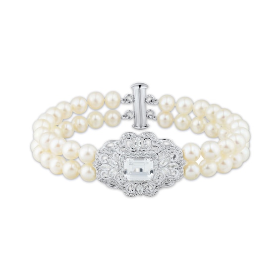 Cultured Pearl & White Lab-Created Sapphire Double Strand Bracelet Sterling Silver