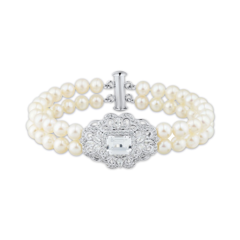 Main Image 1 of Cultured Pearl & White Lab-Created Sapphire Double Strand Bracelet Sterling Silver