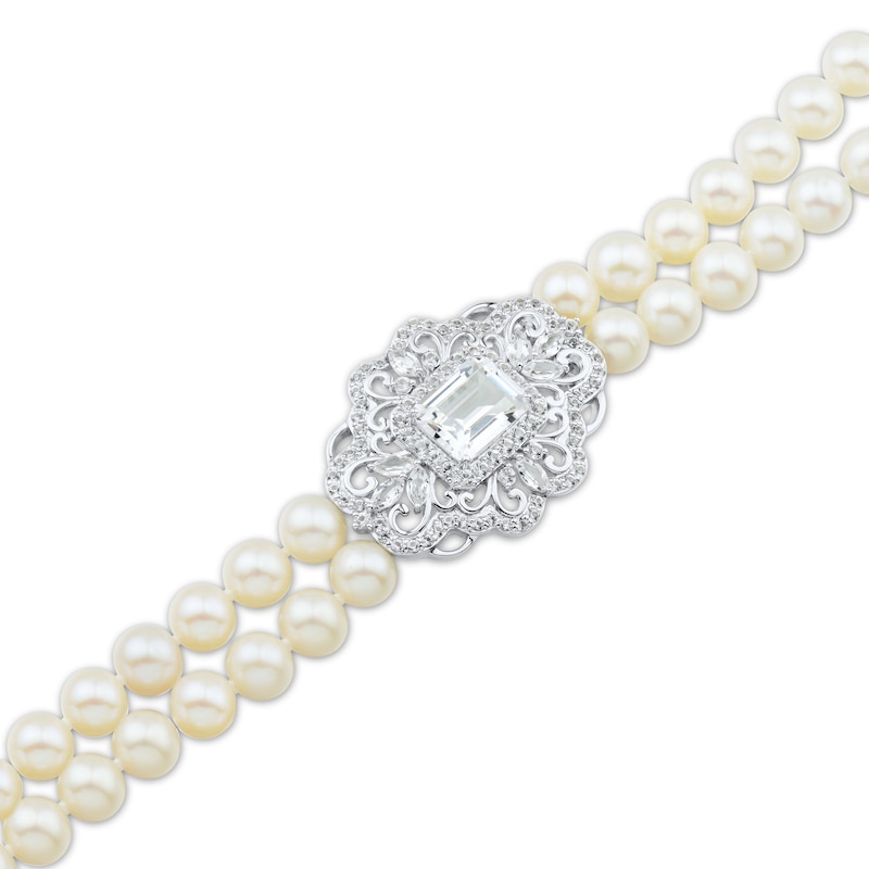 Cultured Pearl & White Lab-Created Sapphire Double Strand Bracelet Sterling Silver