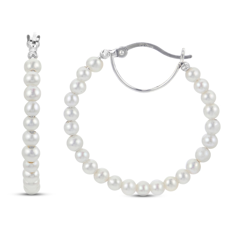 Main Image 1 of Cultured Pearl Hoop Earrings Sterling Silver