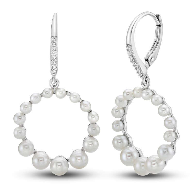Main Image 1 of Cultured Pearl & White Lab-Created Sapphire Circle Earrings Sterling Silver