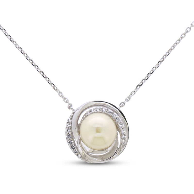 Main Image 1 of Cultured Pearl & White Lab-Created Sapphire Necklace Sterling Silver 18&quot;